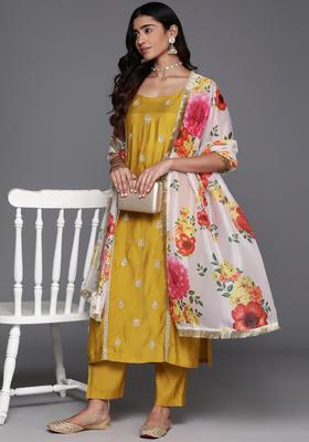 Mustard Embroidered Silk Straight Kurta Sets