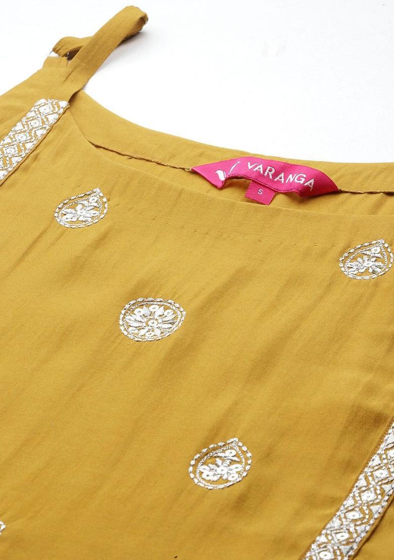 Mustard Embroidered Silk Straight Kurta Sets - Indya
