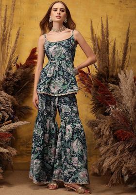 Navy Blue Printed Viscose A Line Kurta Sets