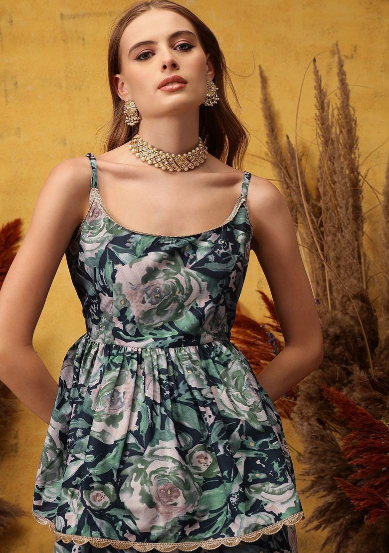 Navy Blue Printed Viscose A Line Kurta Sets - Indya