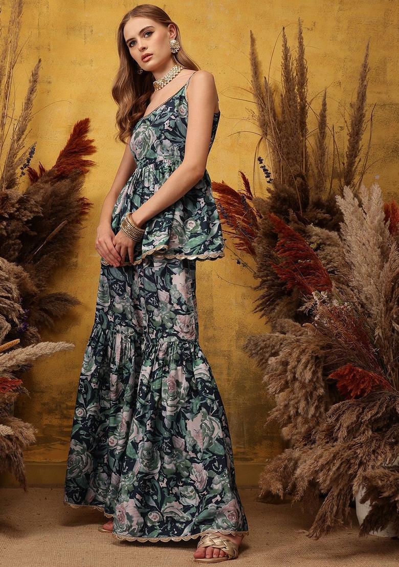 Navy Blue Printed Viscose A Line Kurta Sets - Indya