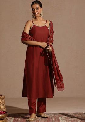 Maroon Solid Silk Straight Kurta Sets