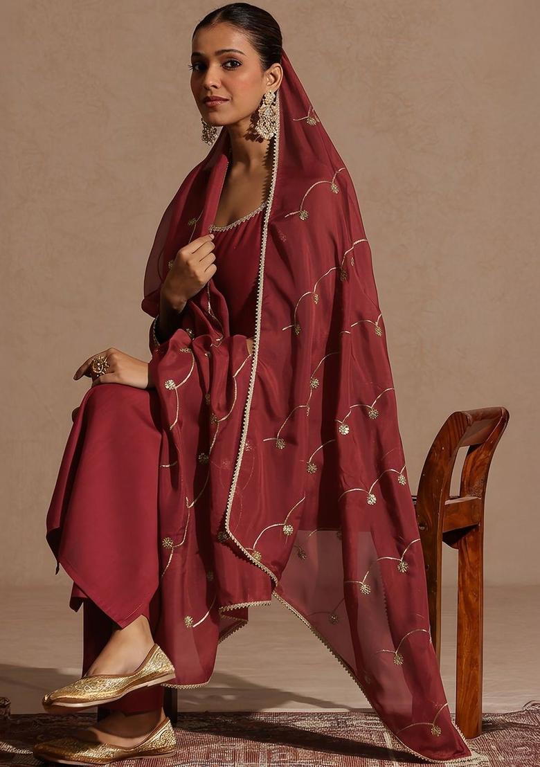Maroon Solid Silk Straight Kurta Sets - Indya