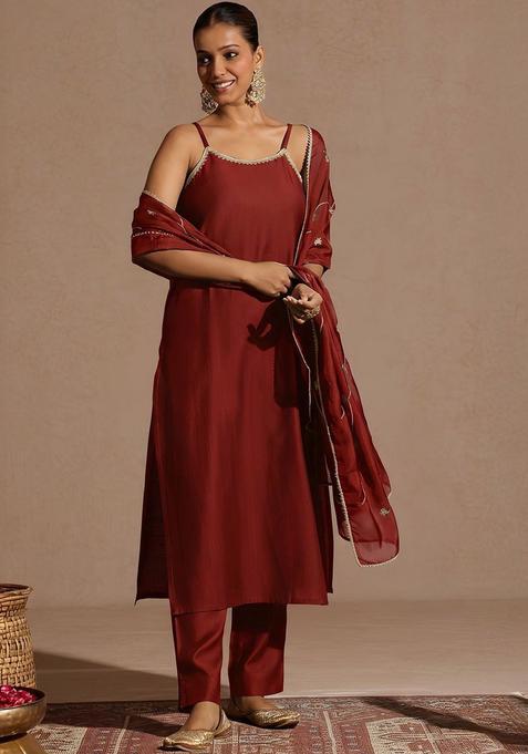 Maroon Solid Silk Straight Kurta Sets — view on Indya