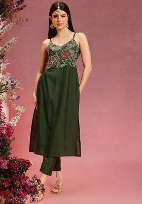 Olive Embroidered Silk Straight Kurta Sets