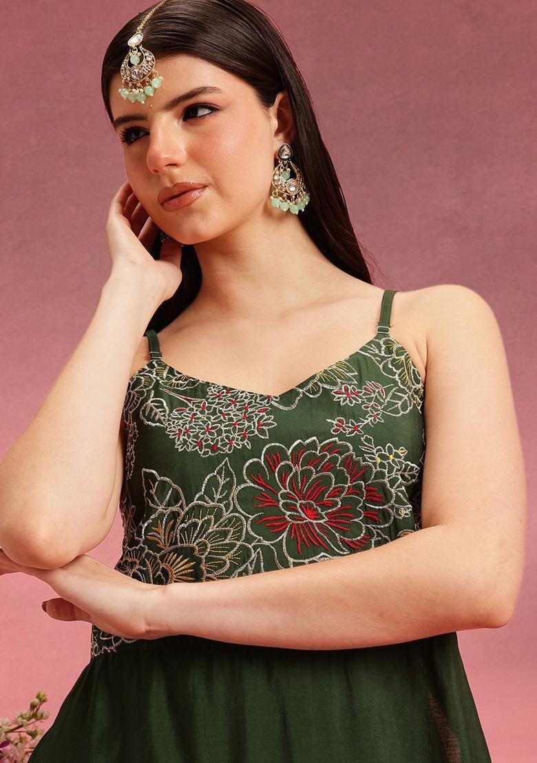 Olive Embroidered Silk Straight Kurta Sets - Indya