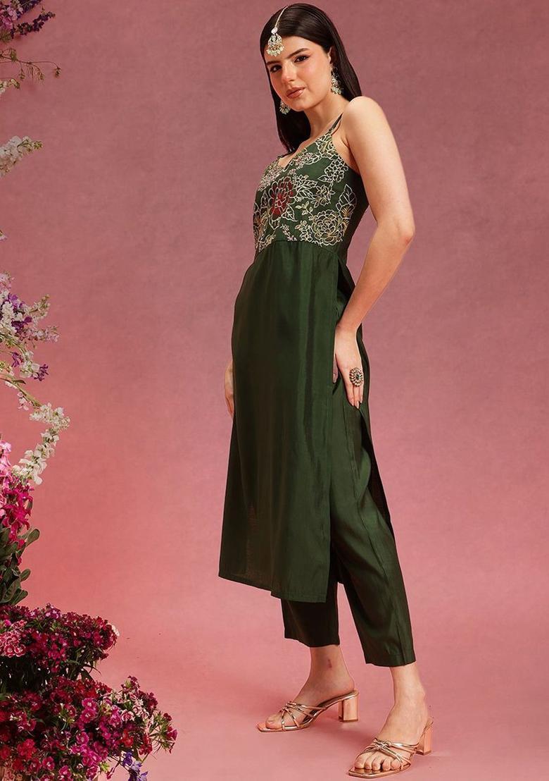 Olive Embroidered Silk Straight Kurta Sets - Indya