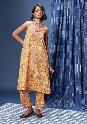 Yellow Printed Cotton A Line Kurta Sets