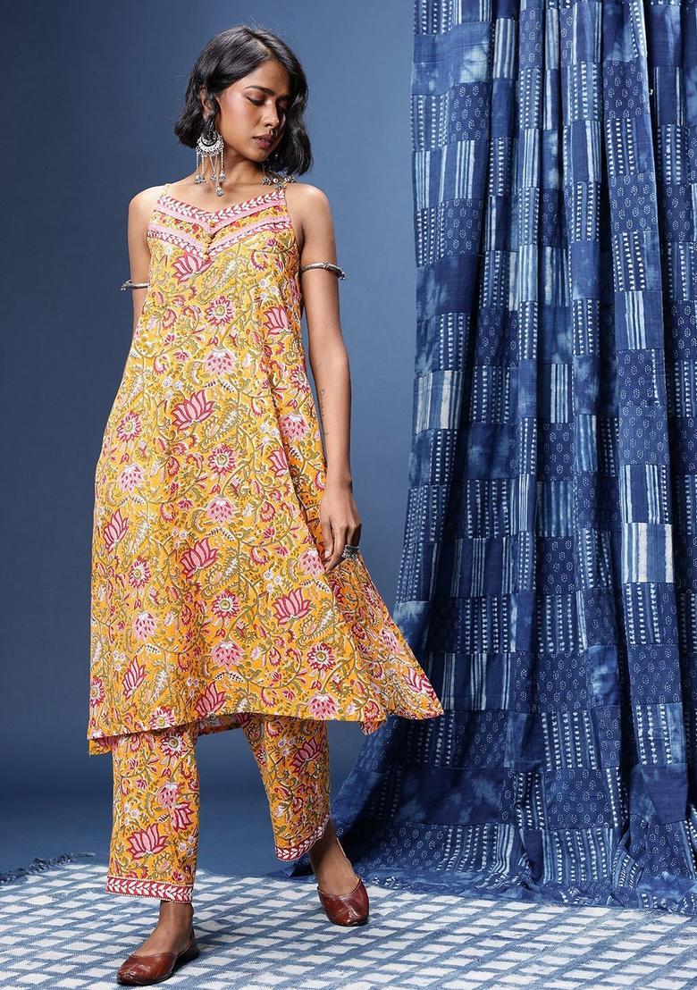 Yellow Printed Cotton A Line Kurta Sets - Indya