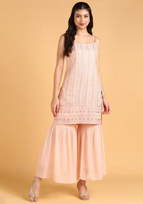 Peach Embroidered Silk Straight Kurta Sets