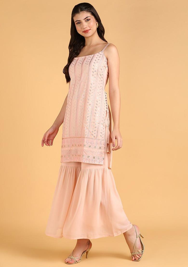 Peach Embroidered Silk Straight Kurta Sets - Indya