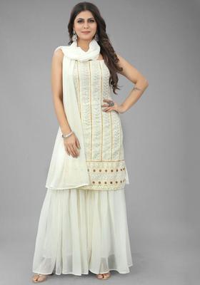 Off White Embroidered Georgette Straight Kurta Sets