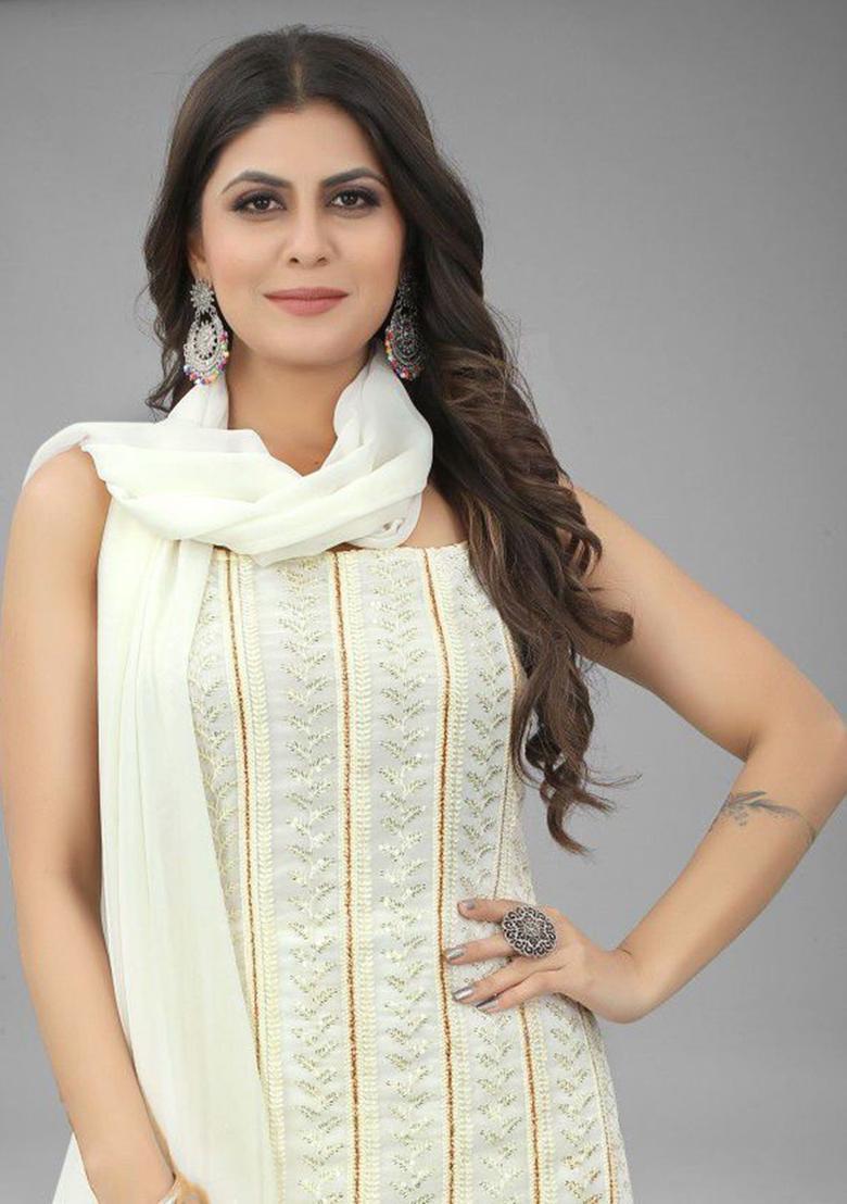 Off White Embroidered Georgette Straight Kurta Sets - Indya