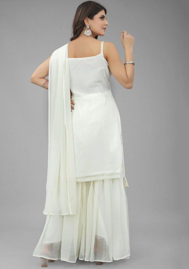 Off White Embroidered Georgette Straight Kurta Sets - Indya