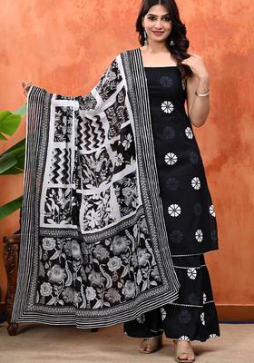 Black Printed Cotton Straight Kurta Sets