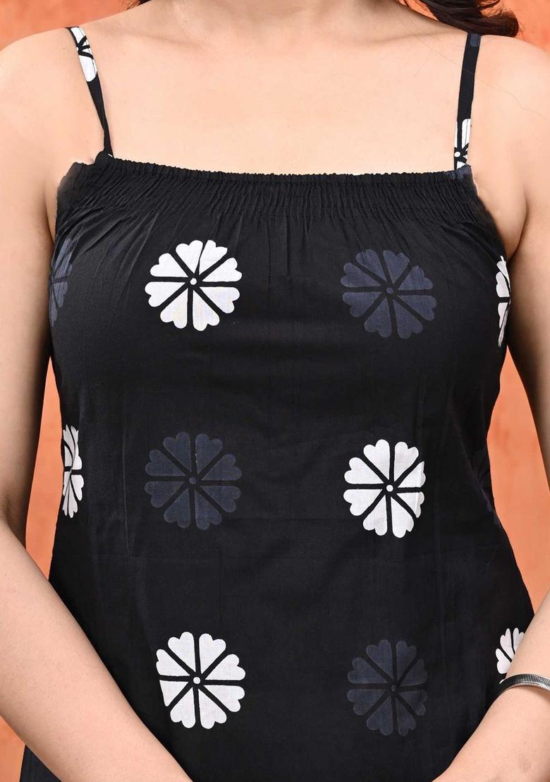 Black Printed Cotton Straight Kurta Sets - Indya