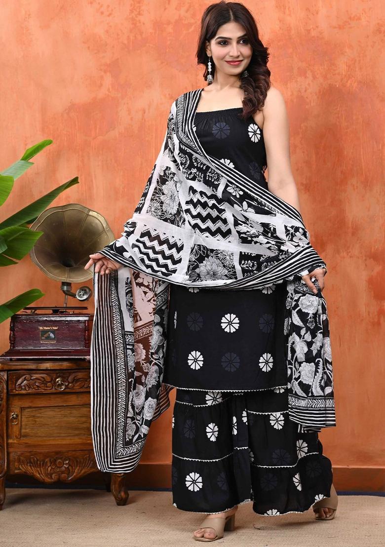 Black Printed Cotton Straight Kurta Sets - Indya