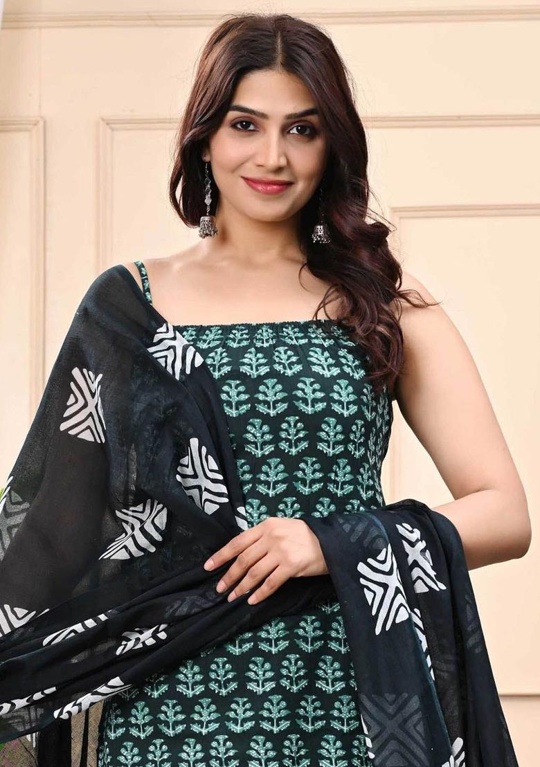 Green Printed Cotton Straight Kurta Sets - Indya