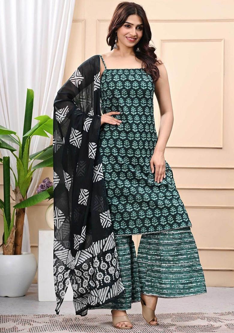 Green Printed Cotton Straight Kurta Sets - Indya