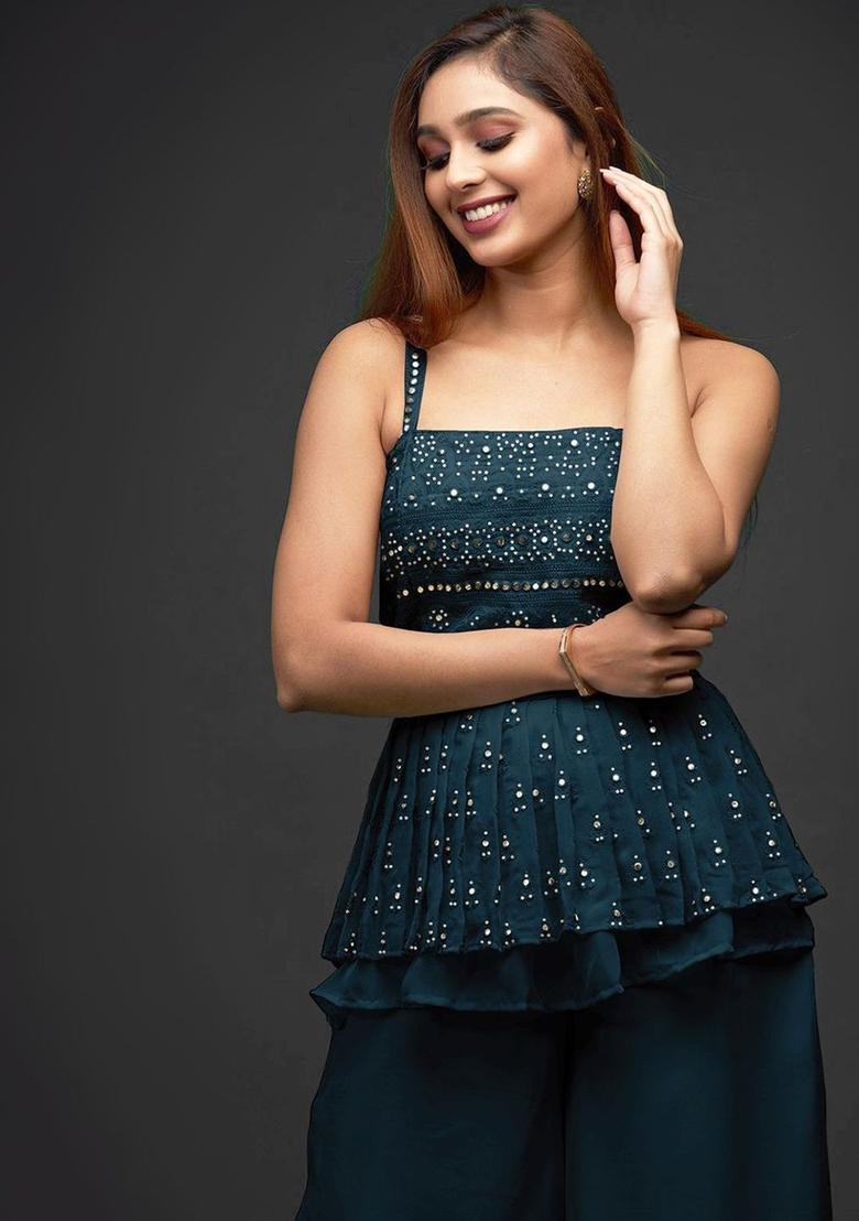 Teal Embroidered Georgette Anarkali Sets - Indya