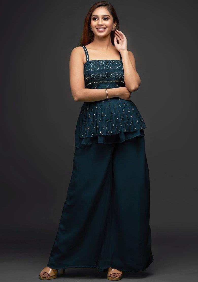 Teal Embroidered Georgette Anarkali Sets - Indya