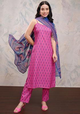 Pink Printed Polyester Straight Kurta Sets