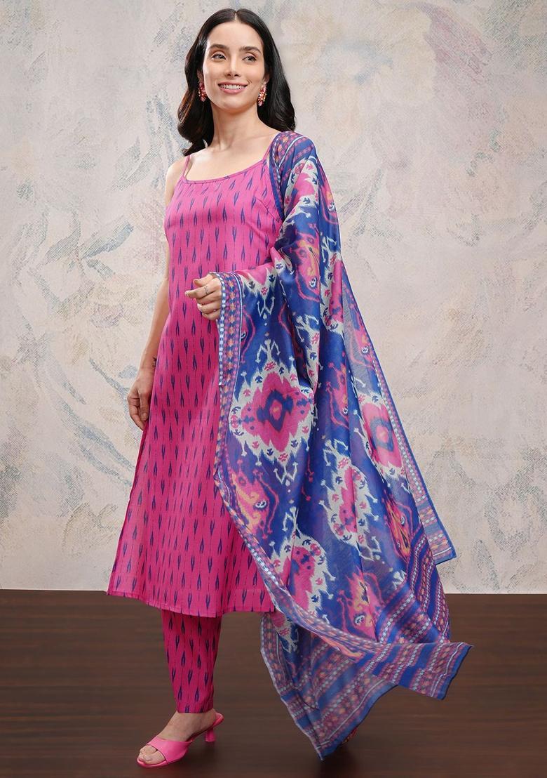 Pink Printed Polyester Straight Kurta Sets - Indya