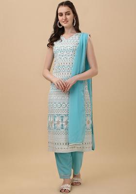Turquoise Blue Embroidered Georgette Straight Kurta Sets