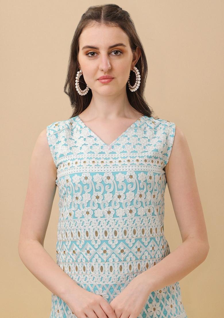 Turquoise Blue Embroidered Georgette Straight Kurta Sets - Indya