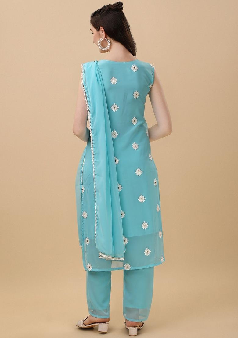 Turquoise Blue Embroidered Georgette Straight Kurta Sets - Indya