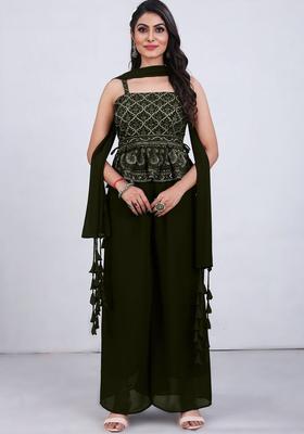 Olive Embroidered Georgette A Line Kurta Sets