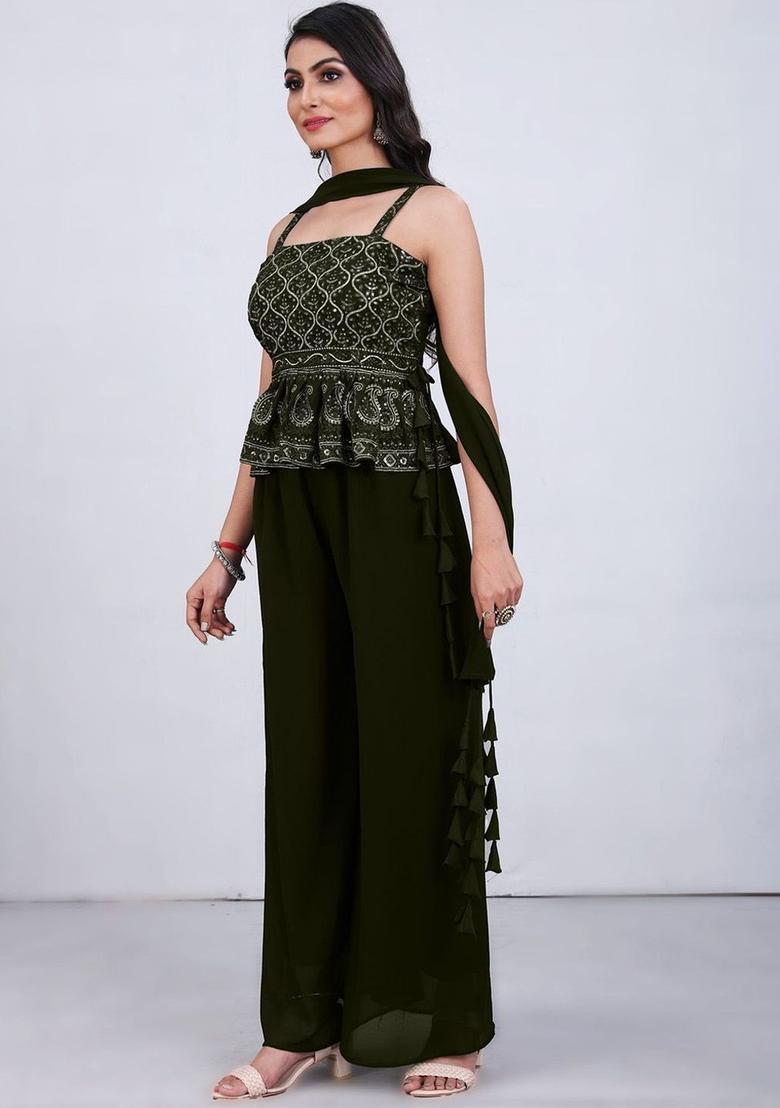 Olive Embroidered Georgette A Line Kurta Sets - Indya