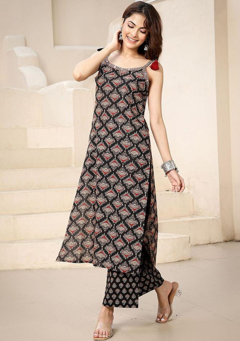 Black Printed Viscose Straight Kurta Sets - Indya