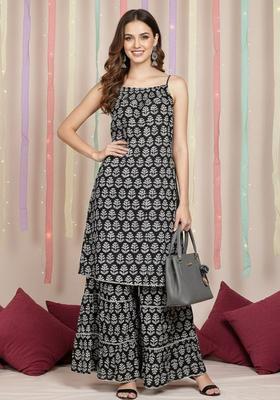 Black Printed Cotton A Line Kurta Sets