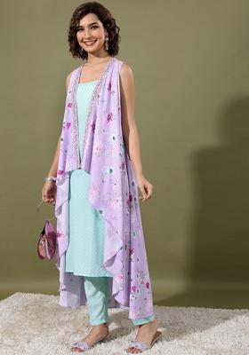 Sea Green Printed Polyester Straight Kurta Sets