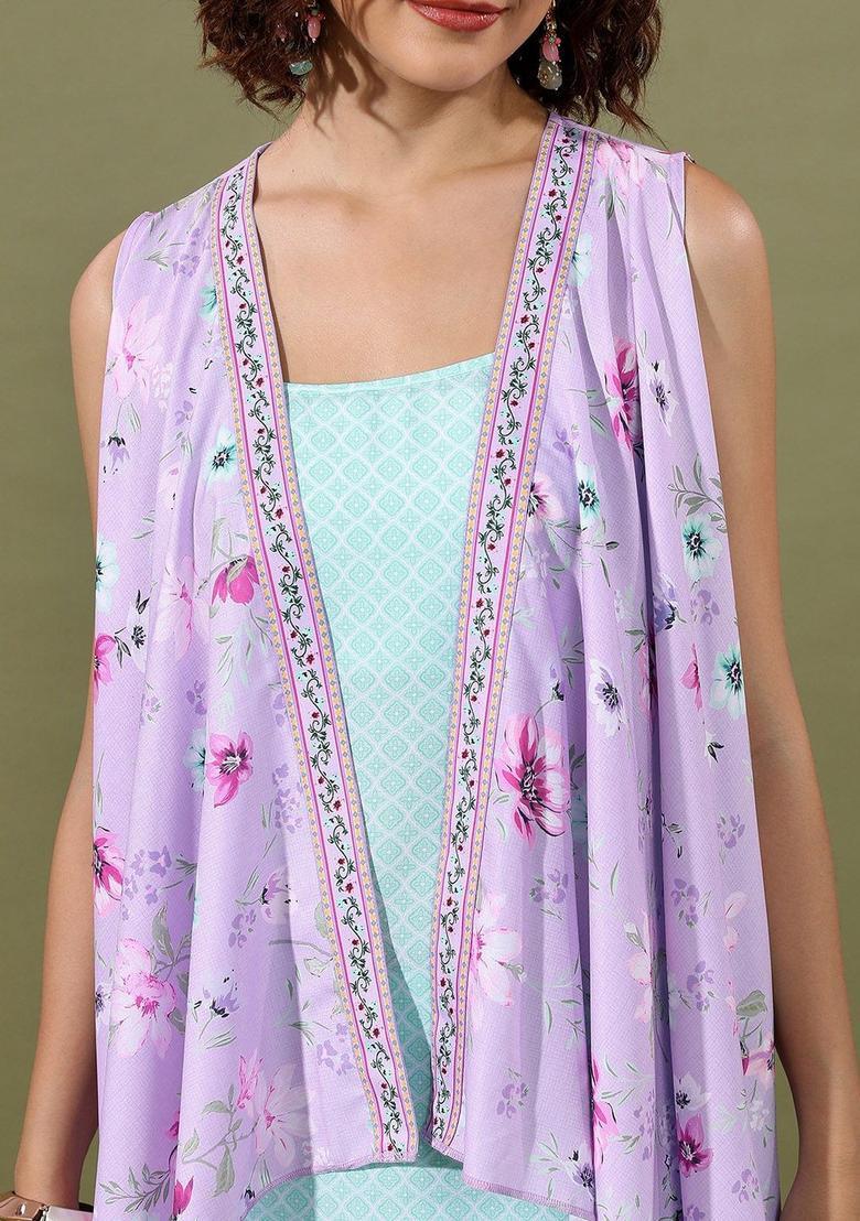 Sea Green Printed Polyester Straight Kurta Sets - Indya