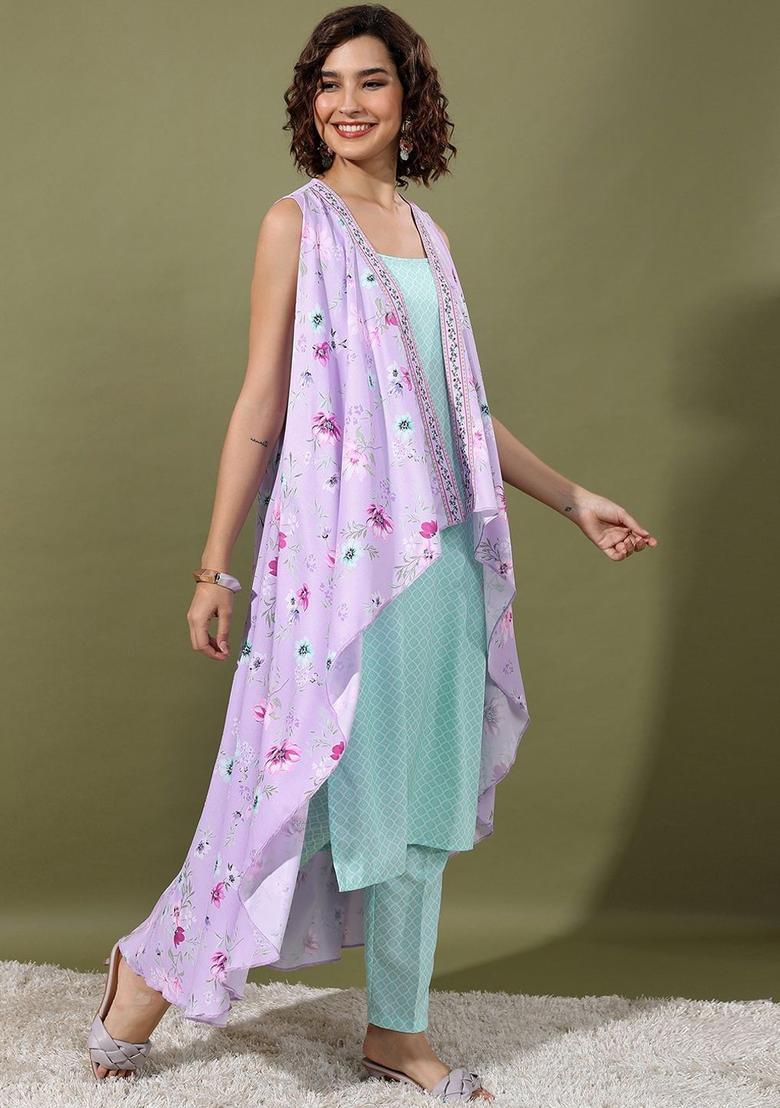 Sea Green Printed Polyester Straight Kurta Sets - Indya