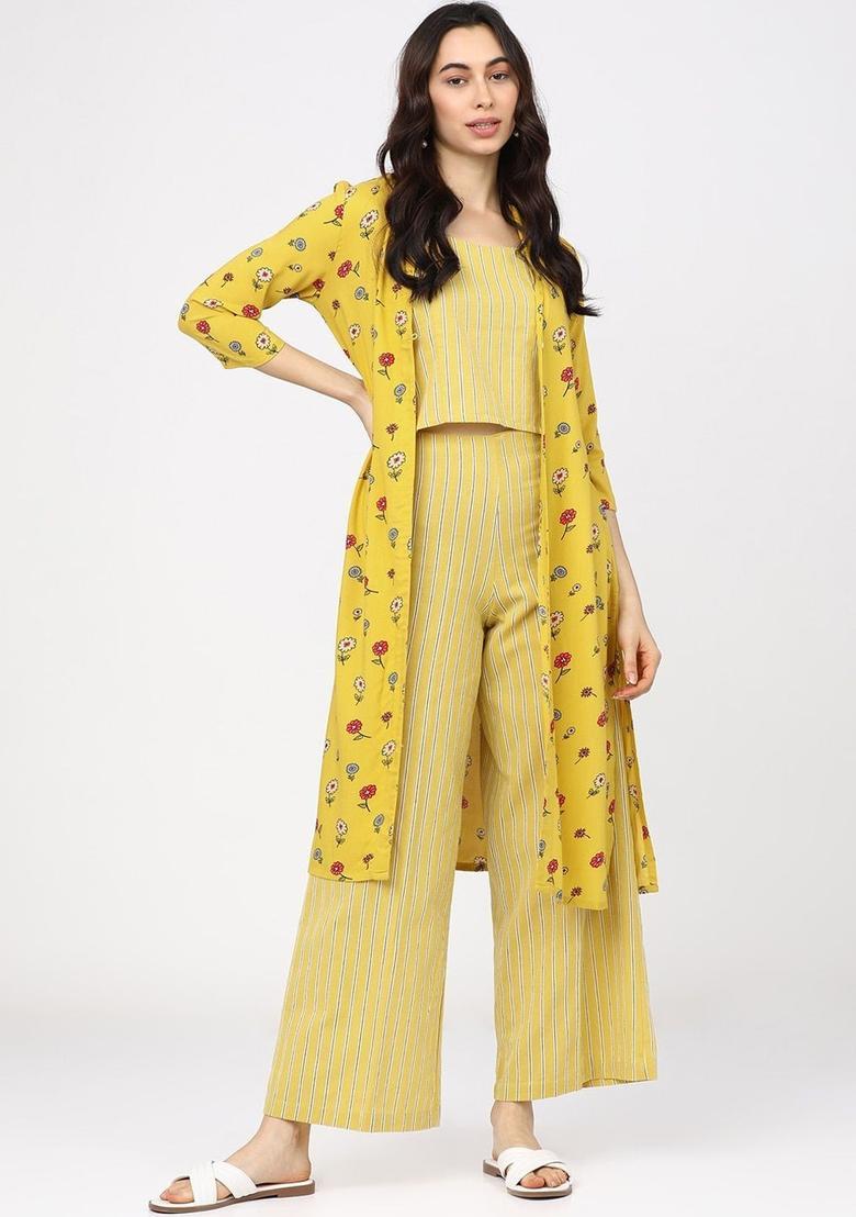 Yellow Striped Viscose Straight Kurta Sets - Indya