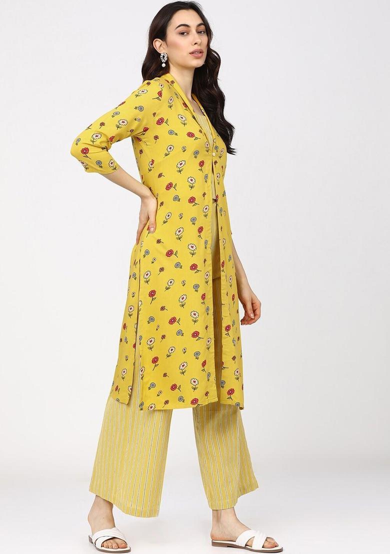 Yellow Striped Viscose Straight Kurta Sets - Indya