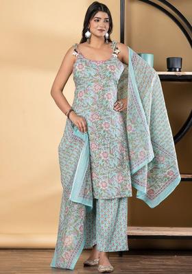 Blue Printed Cotton Straight Kurta Sets