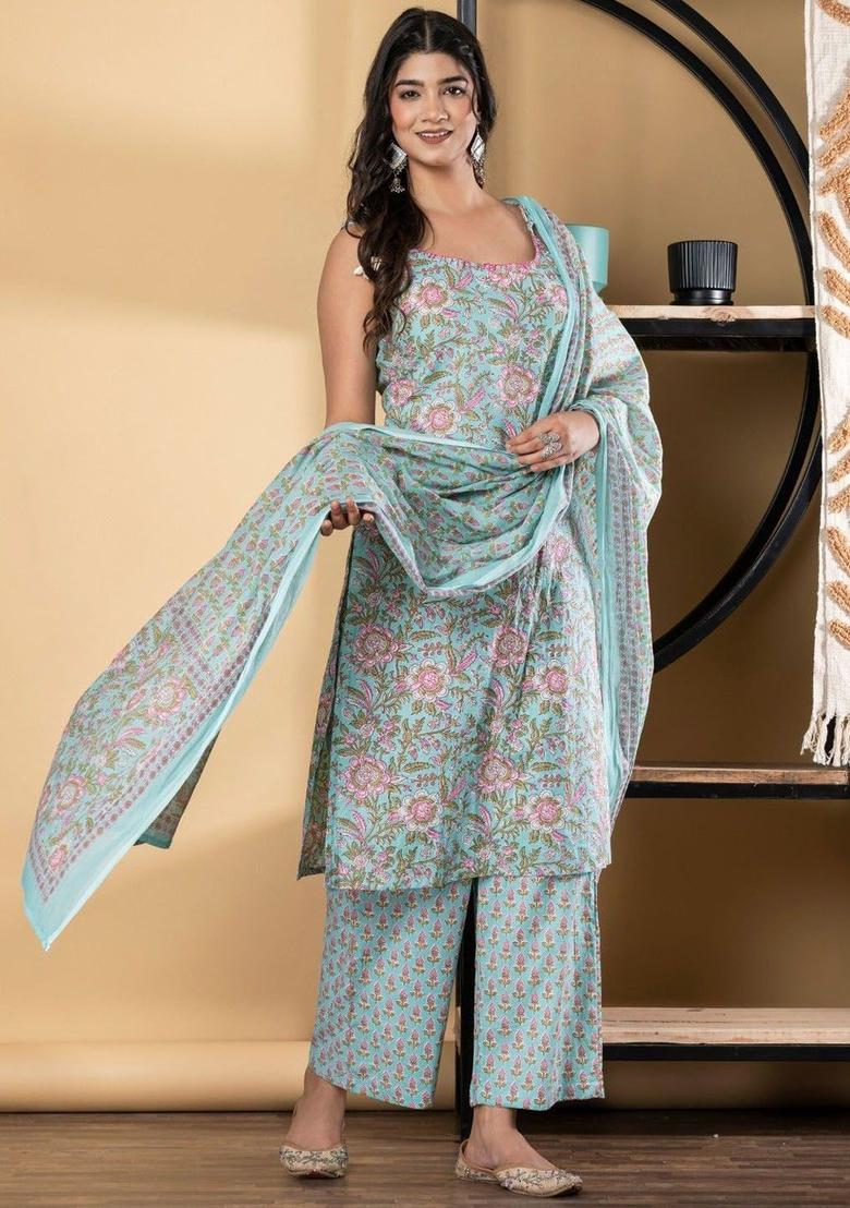 Blue Printed Cotton Straight Kurta Sets - Indya