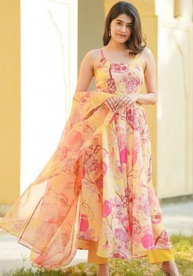 Yellow Printed Cotton Anarkali Sets