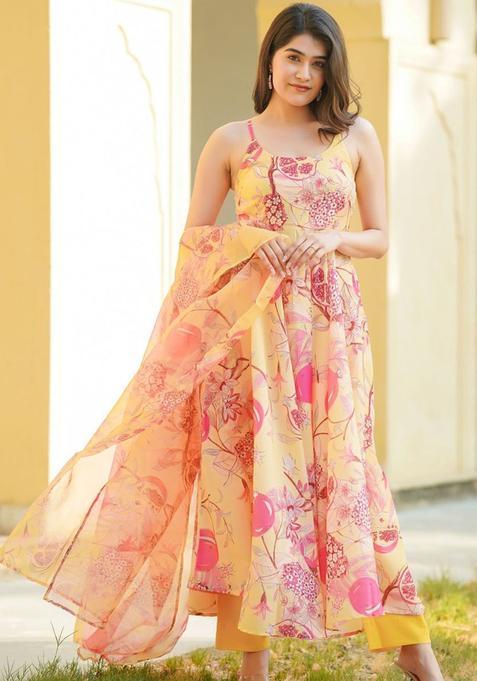 Yellow Printed Cotton Anarkali Sets — view on Indya