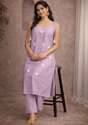 Purple Embroidered Cotton Straight Kurta Sets