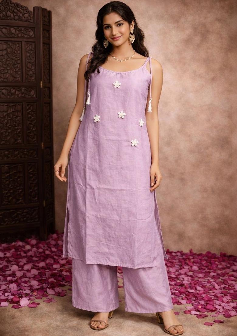 Purple Embroidered Cotton Straight Kurta Sets - Indya