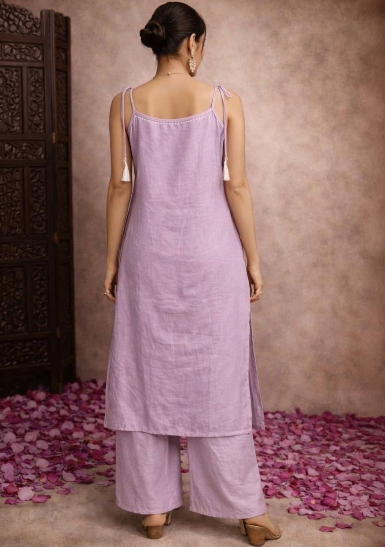Purple Embroidered Cotton Straight Kurta Sets - Indya