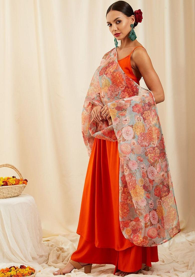 Orange Solid Viscose Anarkali Sets - Indya