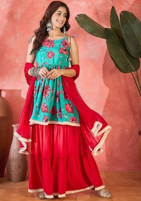 Red Printed Viscose A Line Kurta Sets