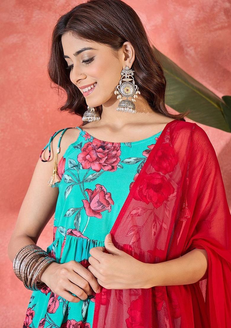 Red Printed Viscose A Line Kurta Sets - Indya