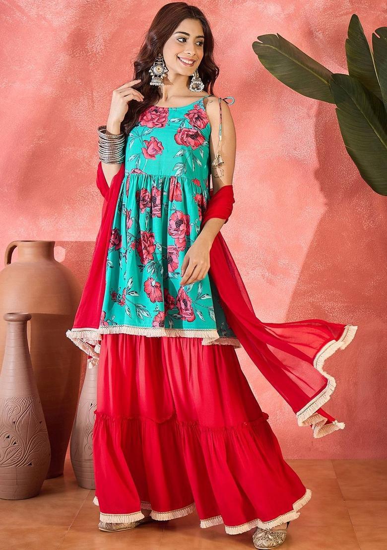 Red Printed Viscose A Line Kurta Sets - Indya